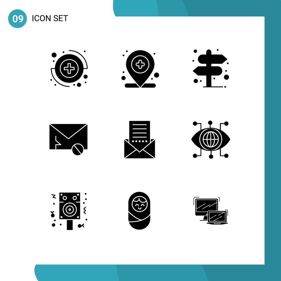 Modern Set of 9 Solid Glyphs Pictograph of email spam location sms mail Editable Vector Design Elements