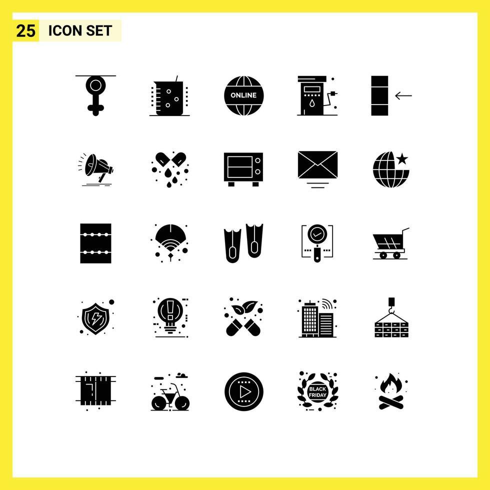 User Interface Pack of 25 Basic Solid Glyphs of station petrol laboratory gas world Editable Vector Design Elements