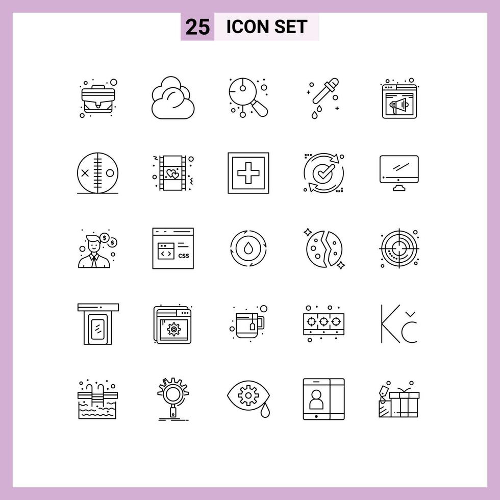 25 Thematic Vector Lines and Editable Symbols of internet science asian pipette music Editable Vector Design Elements