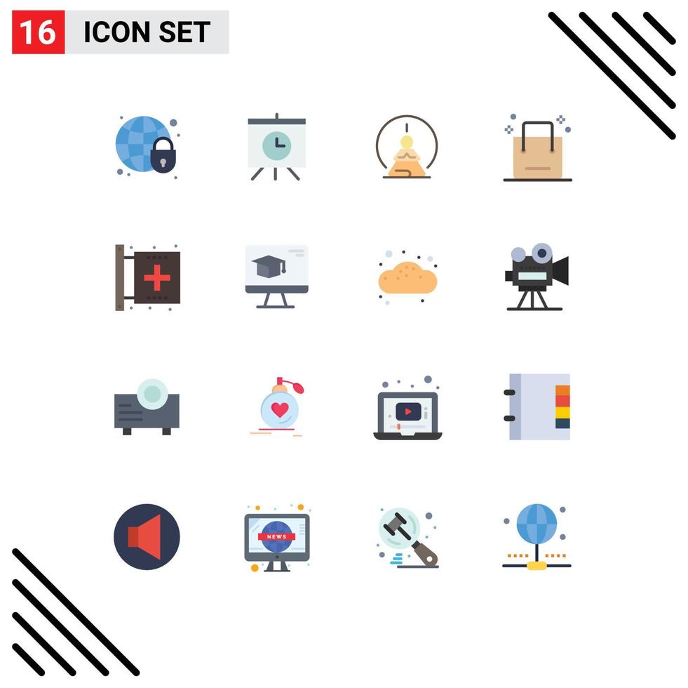 Mobile Interface Flat Color Set of 16 Pictograms of global security meditation globe time mind Editable Pack of Creative Vector Design Elements