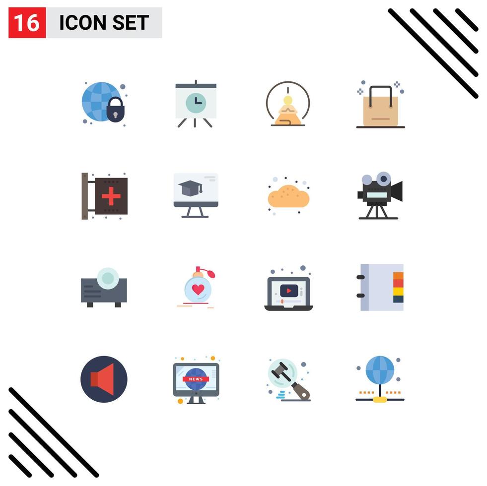 interfaz móvil conjunto de colores planos de 16 pictogramas de seguridad global meditación mundo tiempo mente paquete editable de elementos de diseño de vectores creativos