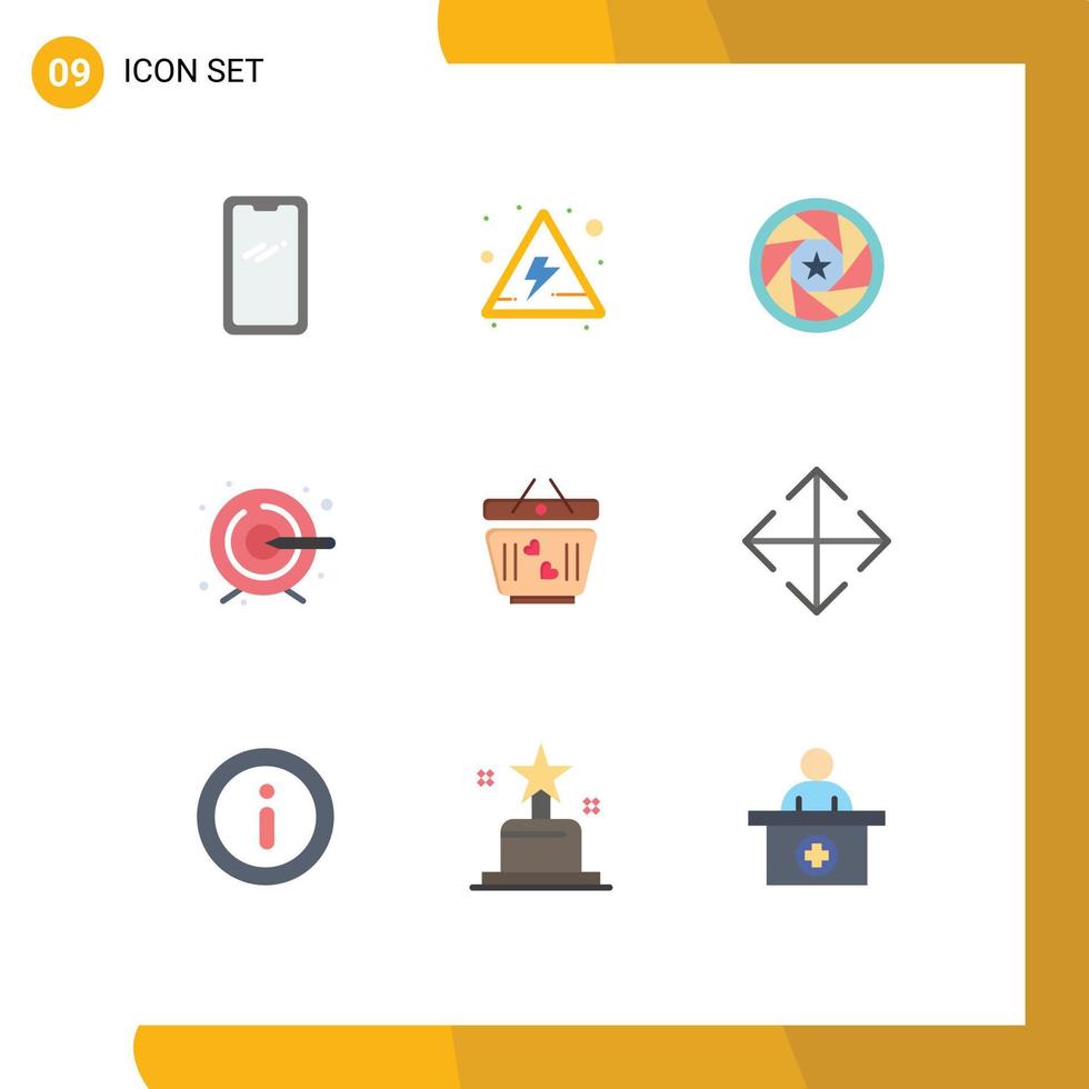 Set of 9 Modern UI Icons Symbols Signs for love target aperture process photo Editable Vector Design Elements