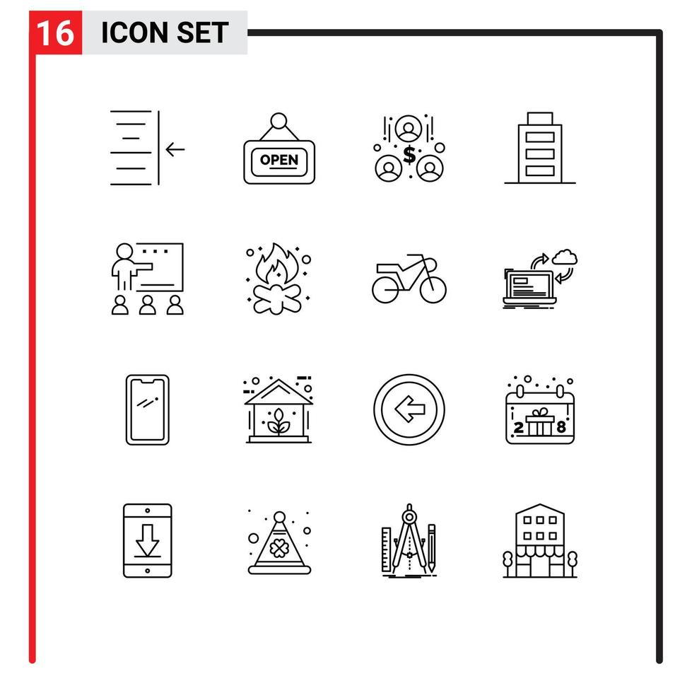 Set of 16 Commercial Outlines pack for students people investors education user Editable Vector Design Elements