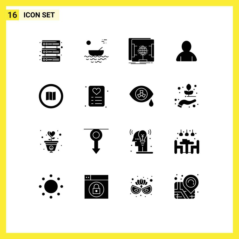 Universal Icon Symbols Group of 16 Modern Solid Glyphs of map find dimensional user account Editable Vector Design Elements