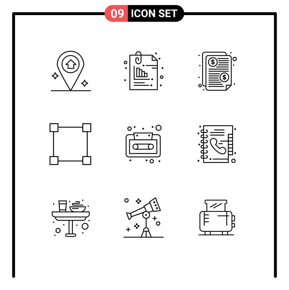 conjunto de pictogramas de 9 contornos simples de elementos de diseño de vector editables de ruta de rectángulo de factura de audio de casete