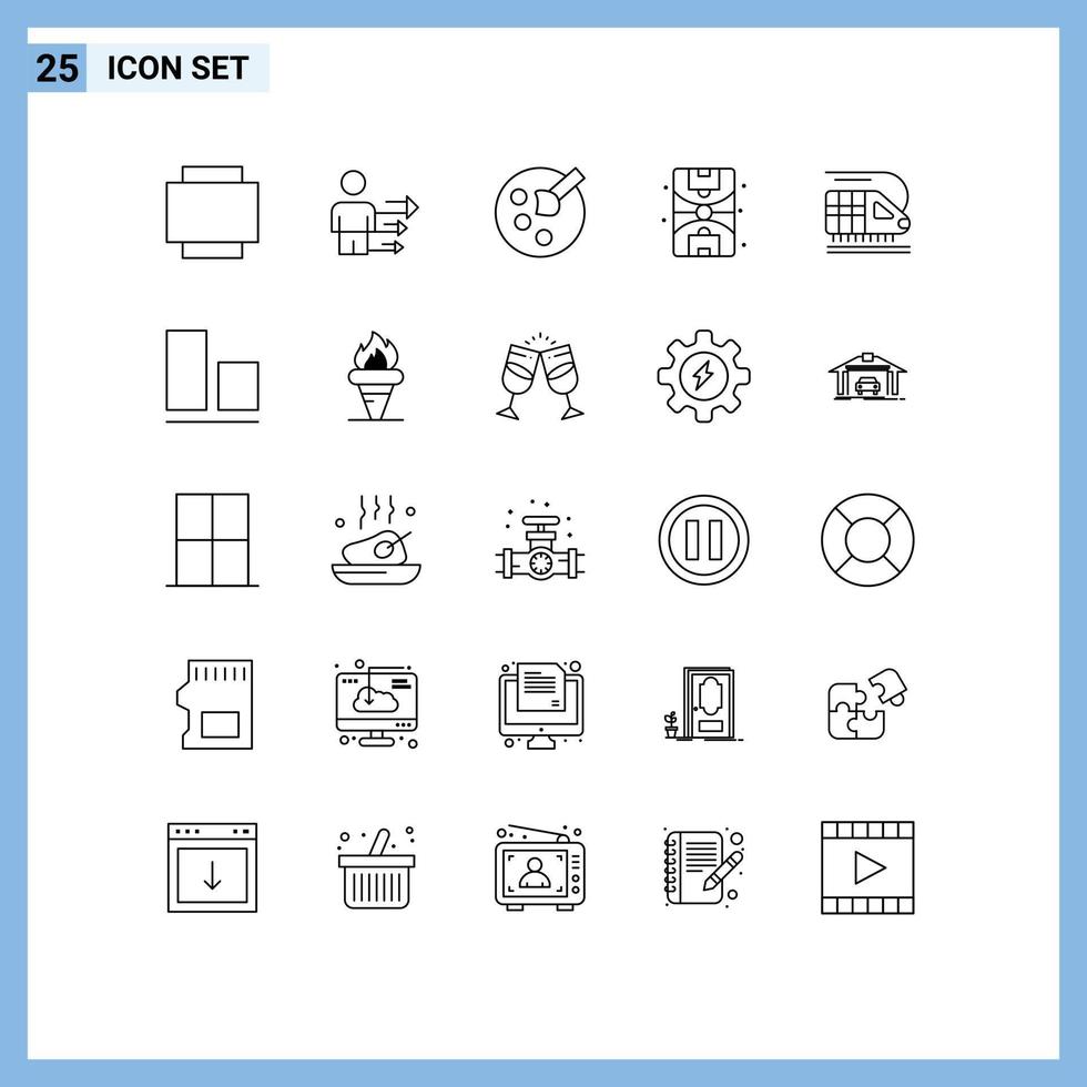 Mobile Interface Line Set of 25 Pictograms of vertical align paint transportation train Editable Vector Design Elements