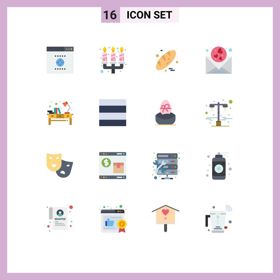 Pack of 16 Modern Flat Colors Signs and Symbols for Web Print Media such as browser food candle light heart Editable Pack of Creative Vector Design Elements