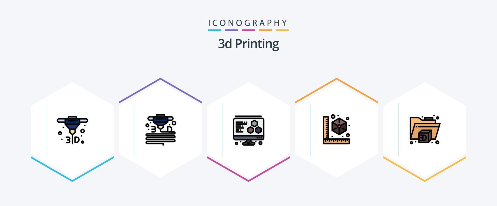 Paquete de iconos de 25 líneas completas de impresión 3d que incluye impresora. impresora. 3d. modelo. cubo vector