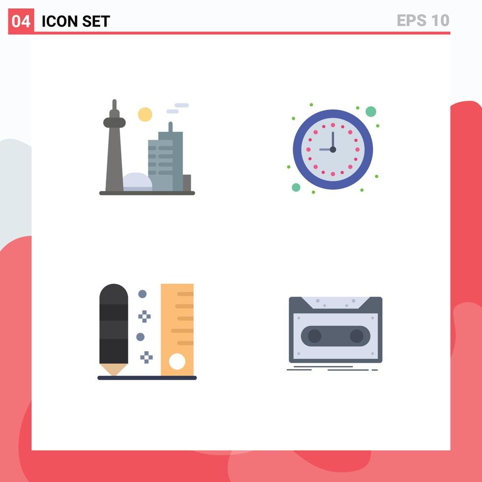 4 Universal Flat Icon Signs Symbols of building drafting famous city clock pencil Editable Vector Design Elements
