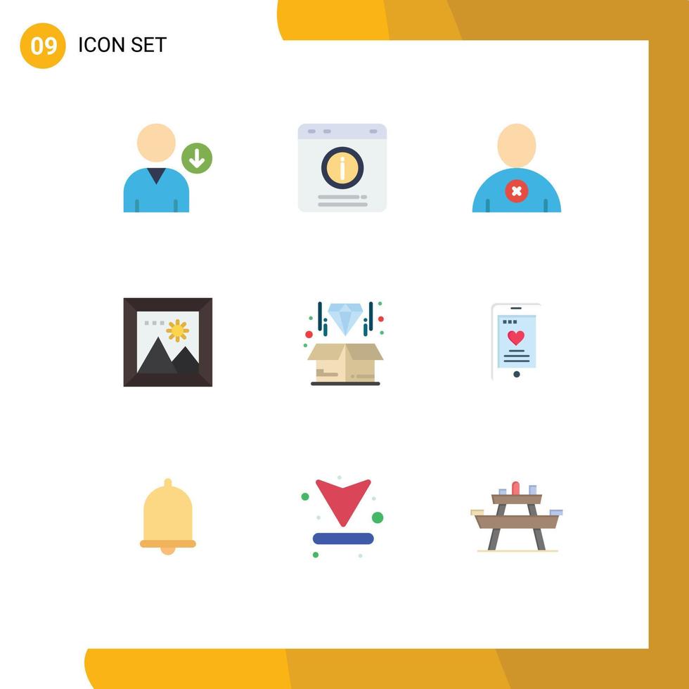 9 Flat Color concept for Websites Mobile and Apps diamond box delete travel photo Editable Vector Design Elements