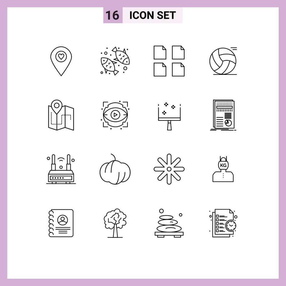 Mobile Interface Outline Set of 16 Pictograms of plan map documents play basketball Editable Vector Design Elements