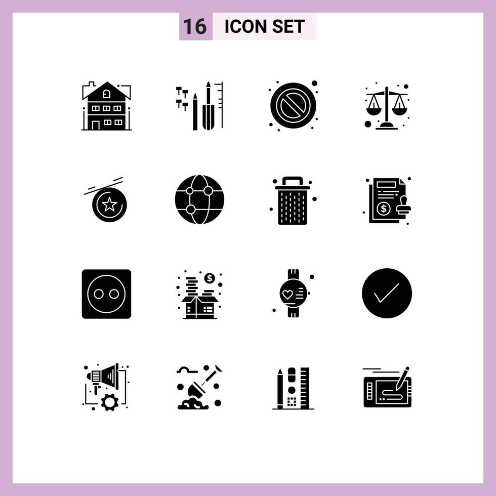 16 User Interface Solid Glyph Pack of modern Signs and Symbols of global medal forbidden star justice Editable Vector Design Elements