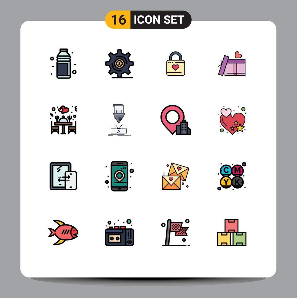 Mobile Interface Flat Color Filled Line Set of 16 Pictograms of love giftbox money heart lock heart Editable Creative Vector Design Elements