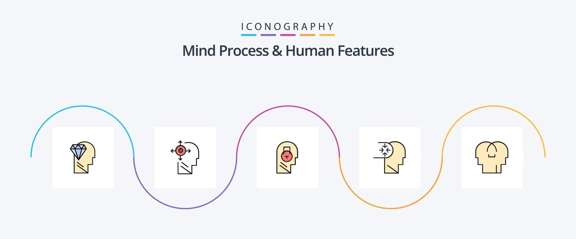 el proceso mental y la línea de características humanas llenaron el paquete de iconos planos 5 que incluye empatía. trastorno. cerrar. autismo. usuario vector