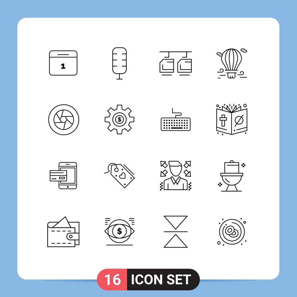 Outline Pack of 16 Universal Symbols of film travel car airballoon air Editable Vector Design Elements