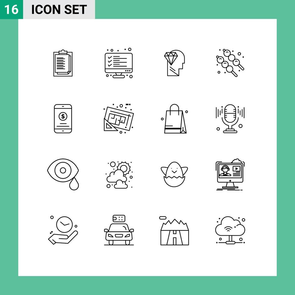 Mobile Interface Outline Set of 16 Pictograms of mobile money summer result food head Editable Vector Design Elements