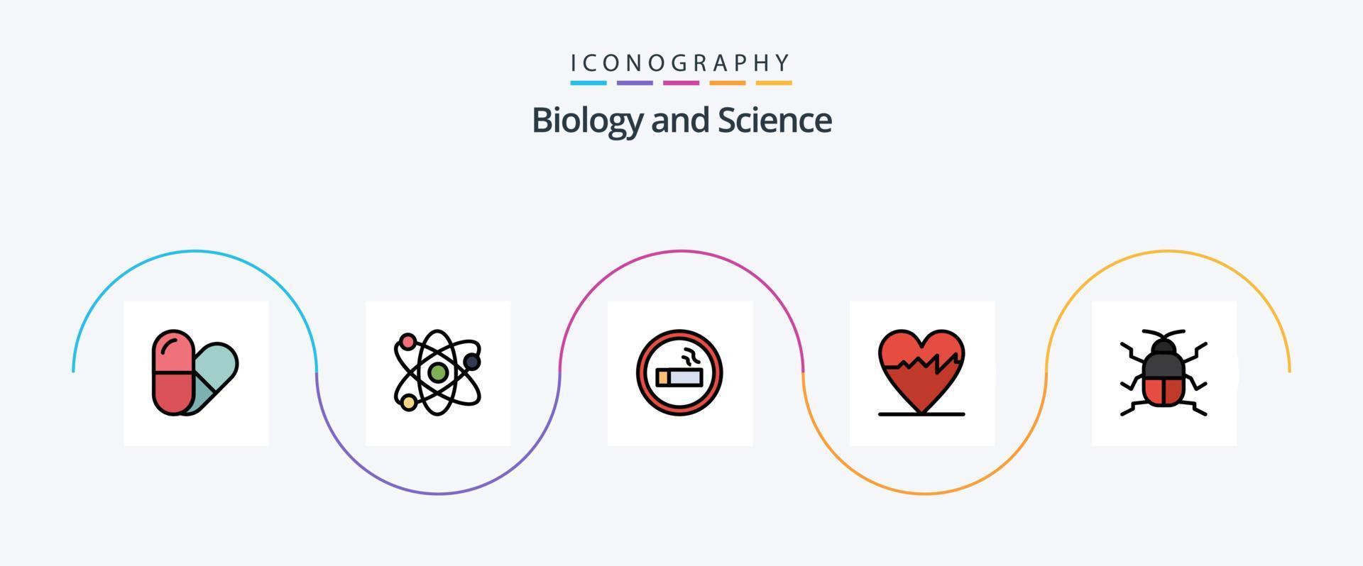 línea de biología llena de paquete de iconos planos 5 que incluye. insecto. laboratorio. bicho. legumbres vector