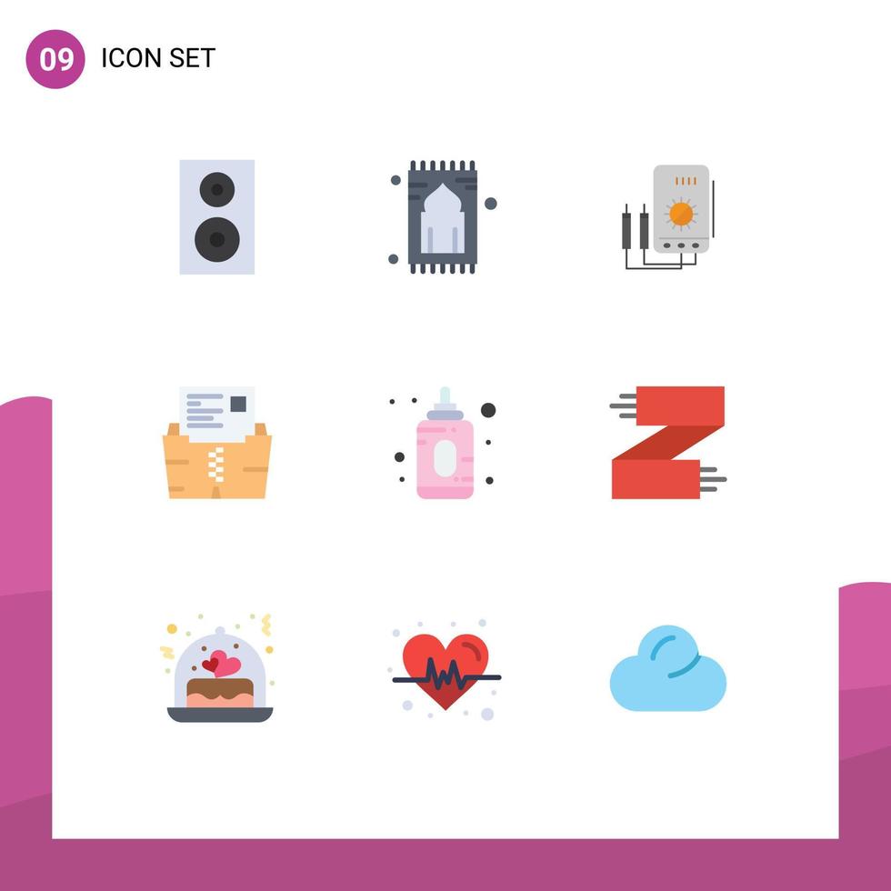 User Interface Pack of 9 Basic Flat Colors of document zip pray tester watt Editable Vector Design Elements