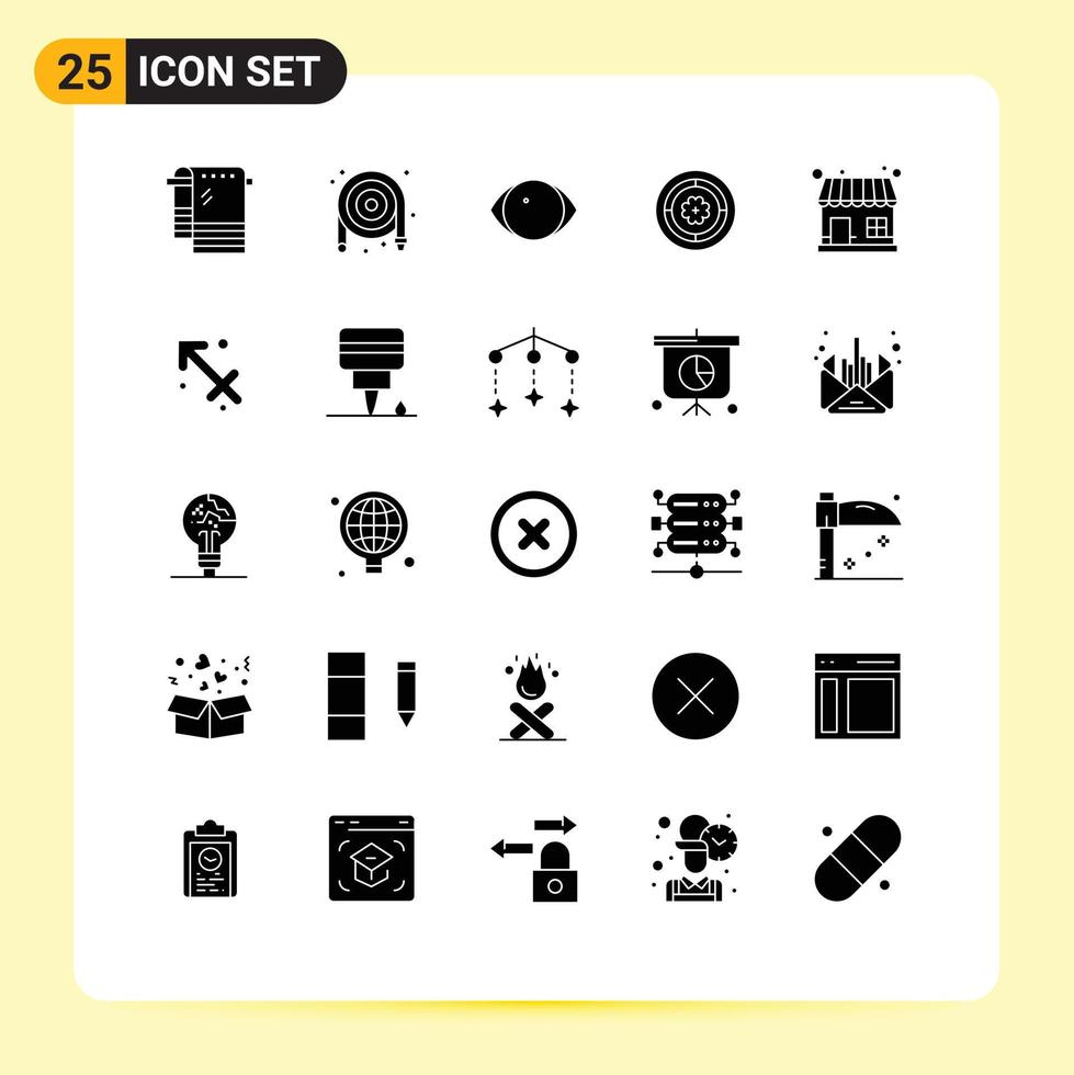 User Interface Pack of 25 Basic Solid Glyphs of market store sunflower eye circle flower Editable Vector Design Elements