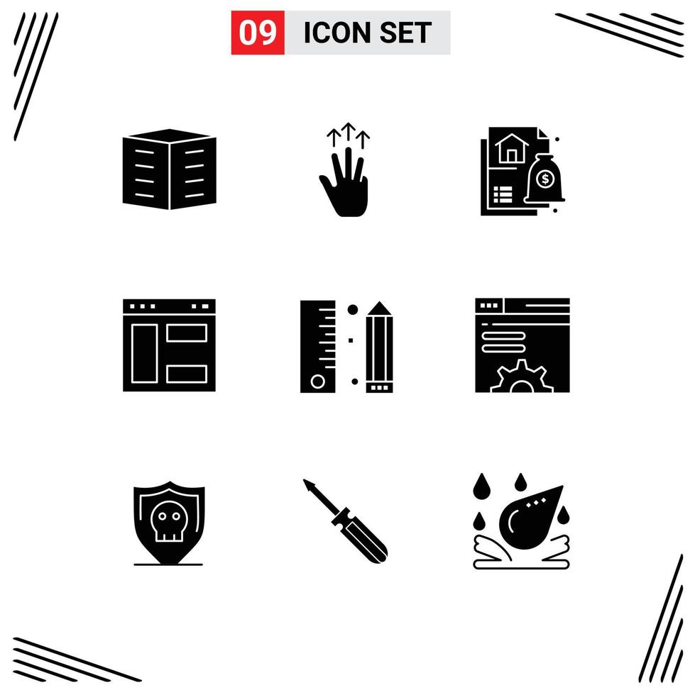 Mobile Interface Solid Glyph Set of 9 Pictograms of website internet three finger browser housing Editable Vector Design Elements