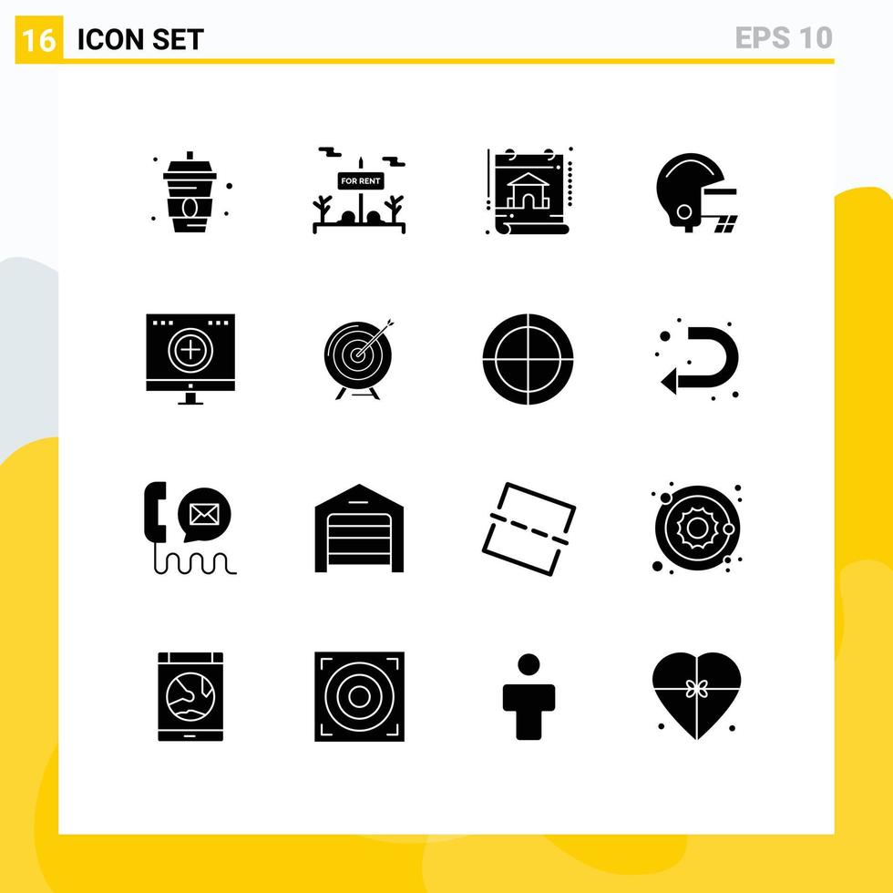 Pack of 16 Modern Solid Glyphs Signs and Symbols for Web Print Media such as hospital care calendar helmet american Editable Vector Design Elements