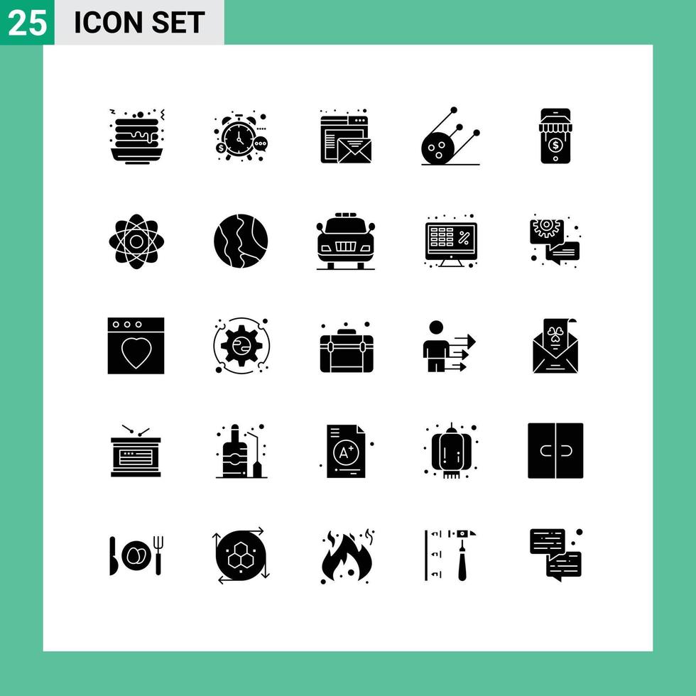 Group of 25 Solid Glyphs Signs and Symbols for shop space watch shuttle online Editable Vector Design Elements