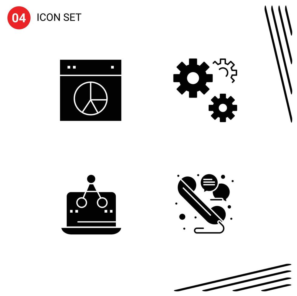 Mobile Interface Solid Glyph Set of 4 Pictograms of chart cross pie gears marketing Editable Vector Design Elements