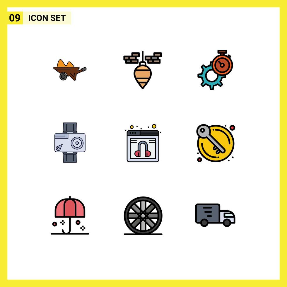 Universal Icon Symbols Group of 9 Modern Filledline Flat Colors of digital camera plumb bob watch gear Editable Vector Design Elements