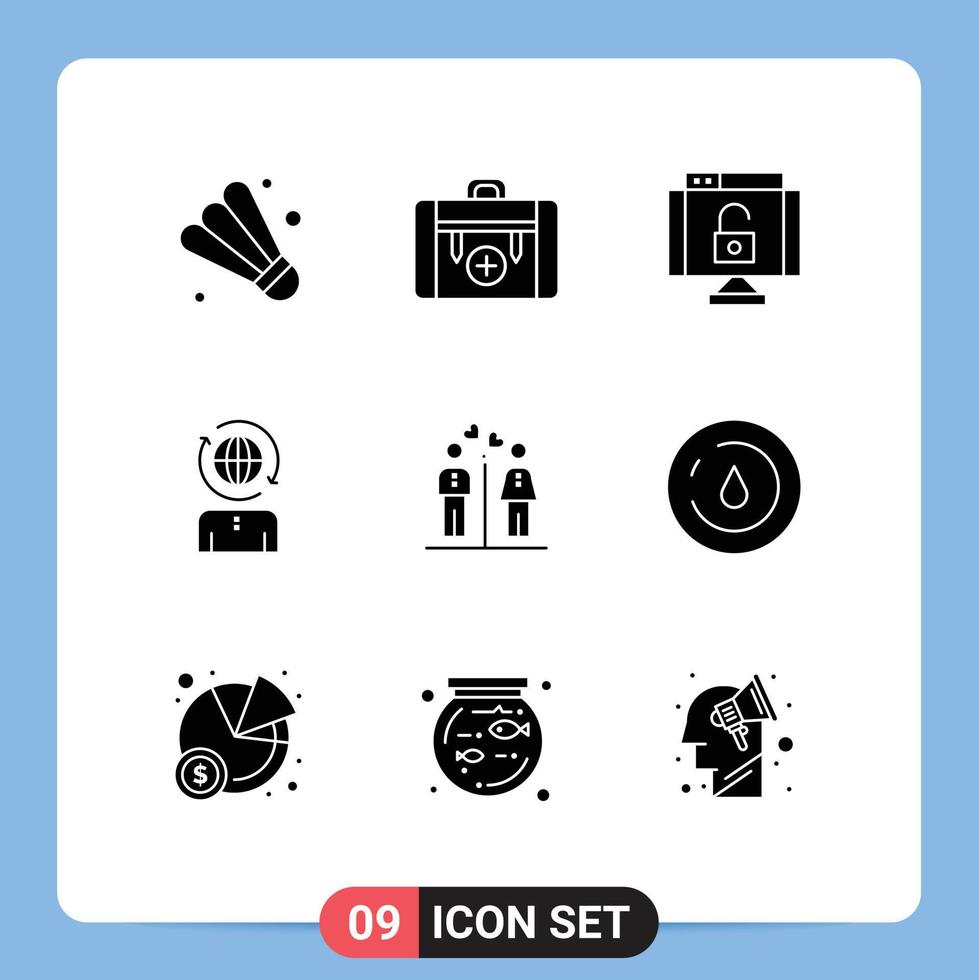 Set of 9 Vector Solid Glyphs on Grid for women modern data management business Editable Vector Design Elements