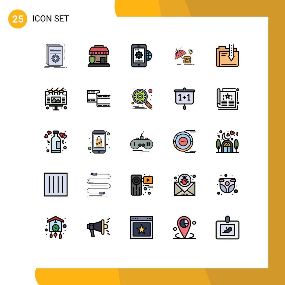 25 Universal Filled line Flat Colors Set for Web and Mobile Applications season backpack shop summer globe Editable Vector Design Elements