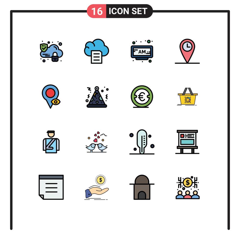 Set of 16 Vector Flat Color Filled Lines on Grid for hat map clock location time Editable Creative Vector Design Elements