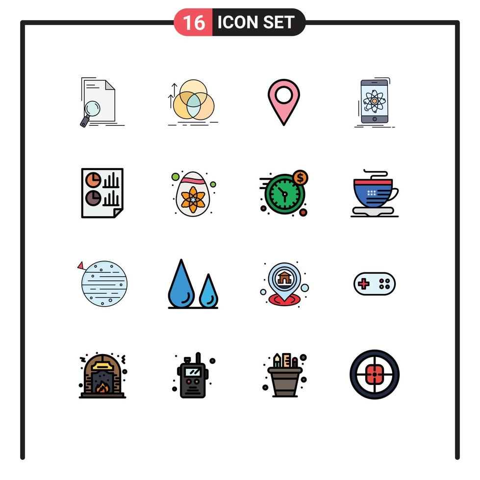 Mobile Interface Flat Color Filled Line Set of 16 Pictograms of science mobile measurement information pin Editable Creative Vector Design Elements