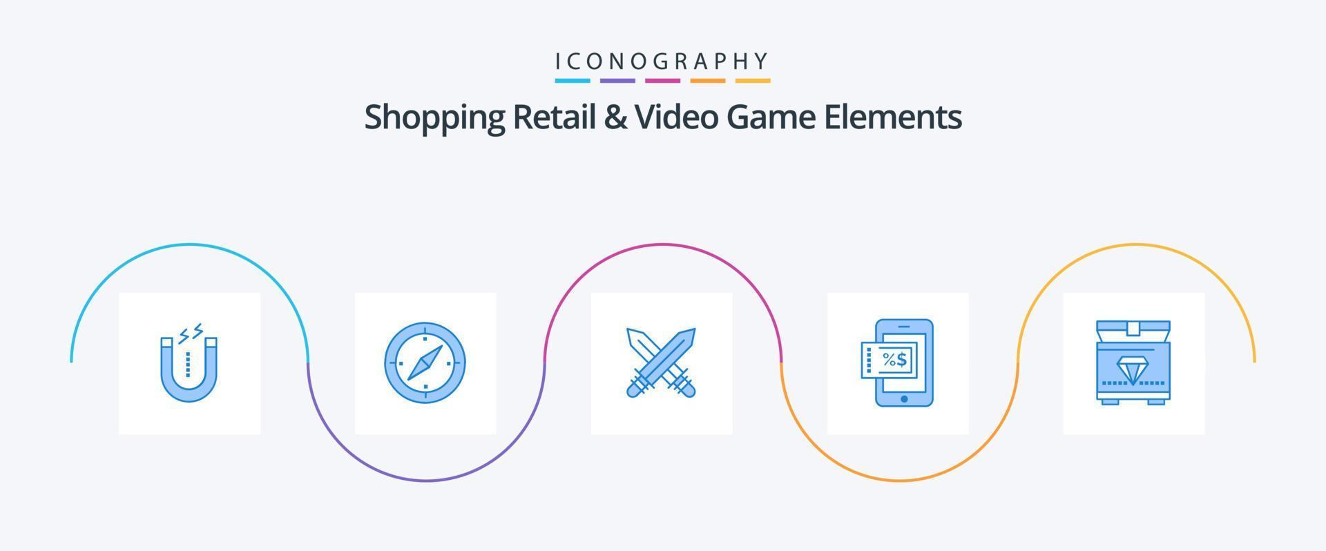 Shoping Retail And Video Game Elements Blue 5 Icon Pack Including gaming. treasure. sword. discount. mobile vector