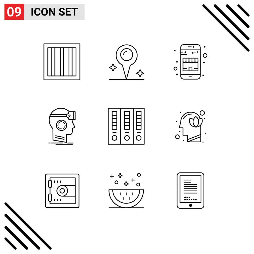 Editable Vector Line Pack of 9 Simple Outlines of file folder archive online shop virtual headset Editable Vector Design Elements