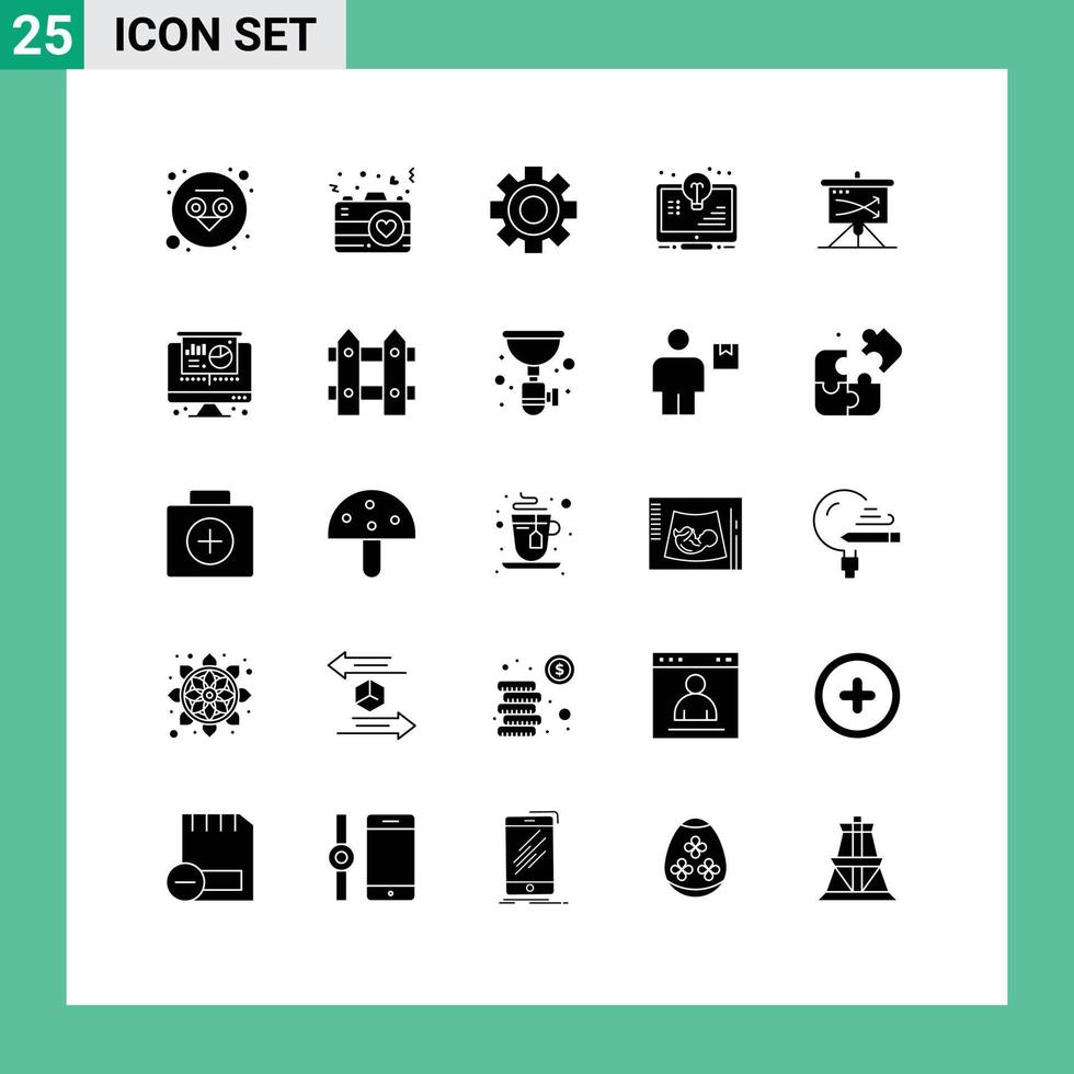 25 Universal Solid Glyphs Set for Web and Mobile Applications business monitor gear light bulb document Editable Vector Design Elements