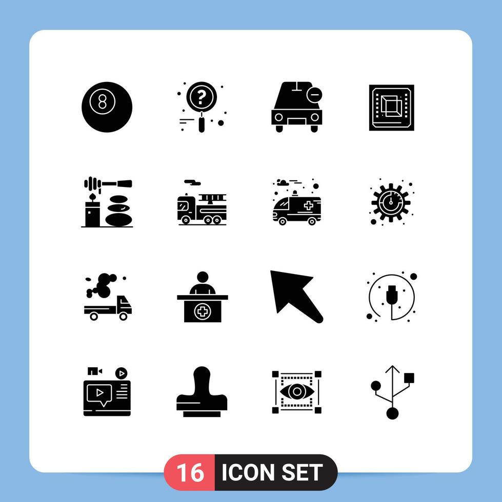 Pack of 16 creative Solid Glyphs of spa massages minus processor cpu Editable Vector Design Elements