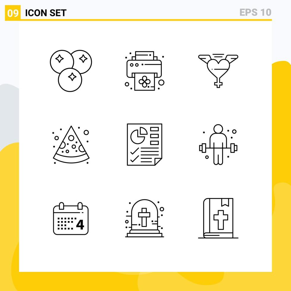 Stock Vector Icon Pack of 9 Line Signs and Symbols for dumbbell page wings document pizza Editable Vector Design Elements