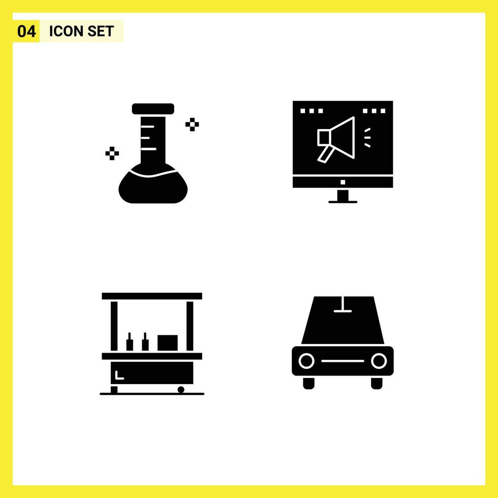 Mobile Interface Solid Glyph Set of 4 Pictograms of chemical park ad online car Editable Vector Design Elements