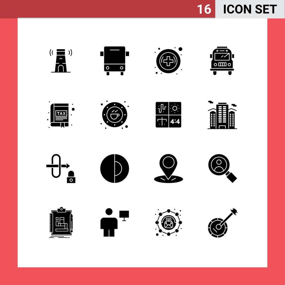 16 Universal Solid Glyph Signs Symbols of book app vehicles transport bus Editable Vector Design Elements