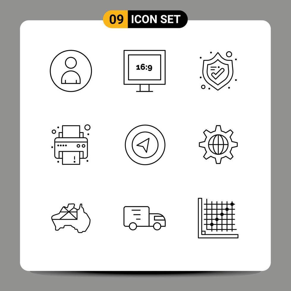 Modern Set of 9 Outlines and symbols such as world location security navigation printer Editable Vector Design Elements