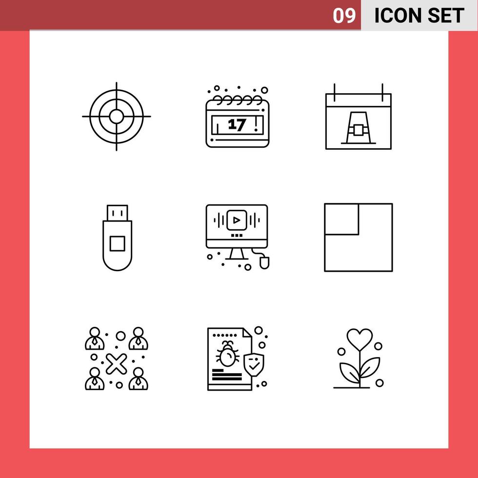 Modern Set of 9 Outlines and symbols such as online video day data usb Editable Vector Design Elements
