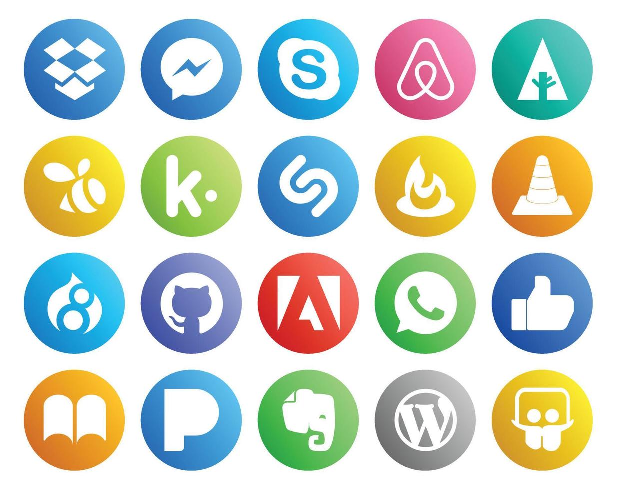 Paquete de 20 iconos de redes sociales que incluye como Adobe Shazam GitHub Player vector