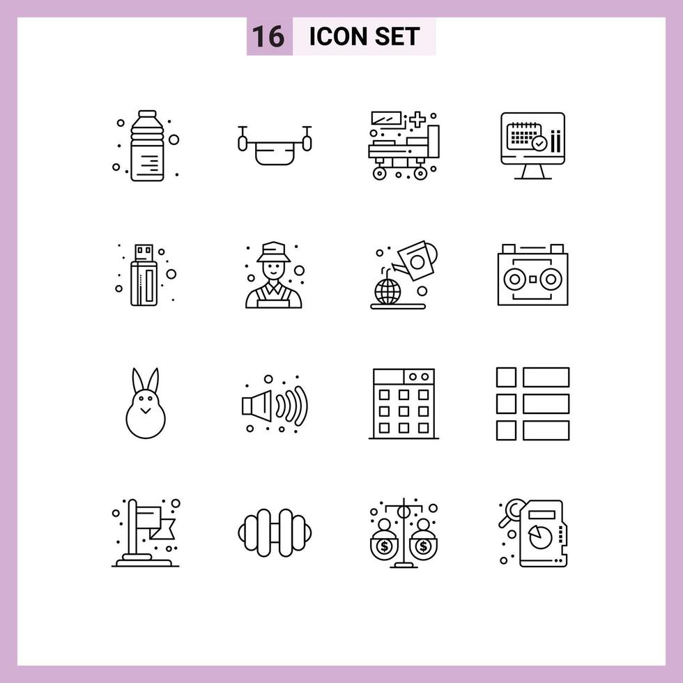 Group of 16 Outlines Signs and Symbols for cable date vehicles screen patient bed Editable Vector Design Elements