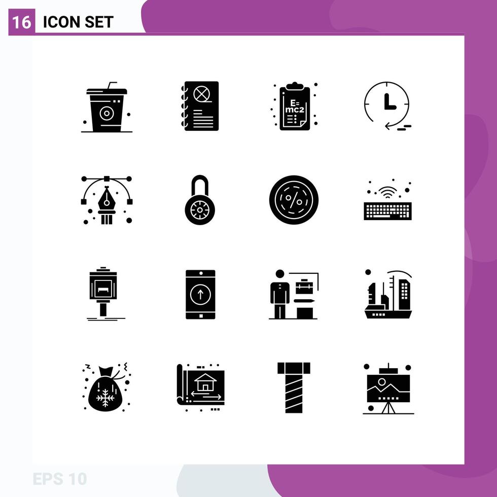 Group of 16 Solid Glyphs Signs and Symbols for art watch book time clip board Editable Vector Design Elements