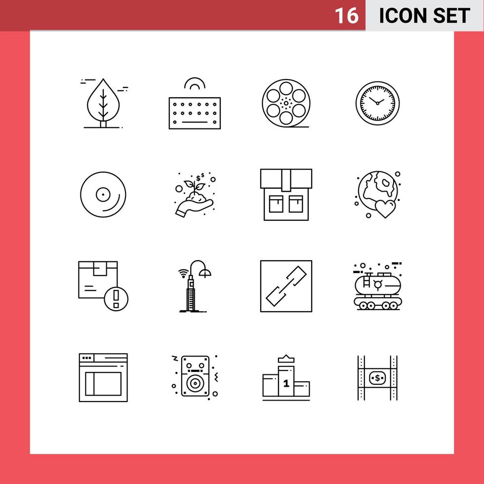 16 User Interface Outline Pack of modern Signs and Symbols of media disk play timmer watch Editable Vector Design Elements