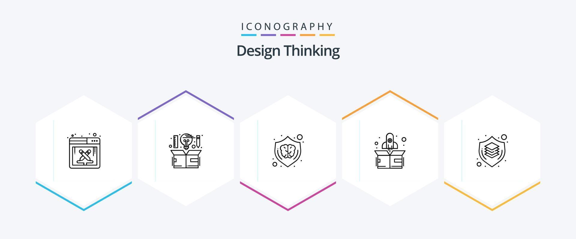 paquete de iconos de 25 líneas de pensamiento de diseño que incluye el cerebro. comienzo. pensando. cohete. blindaje vector