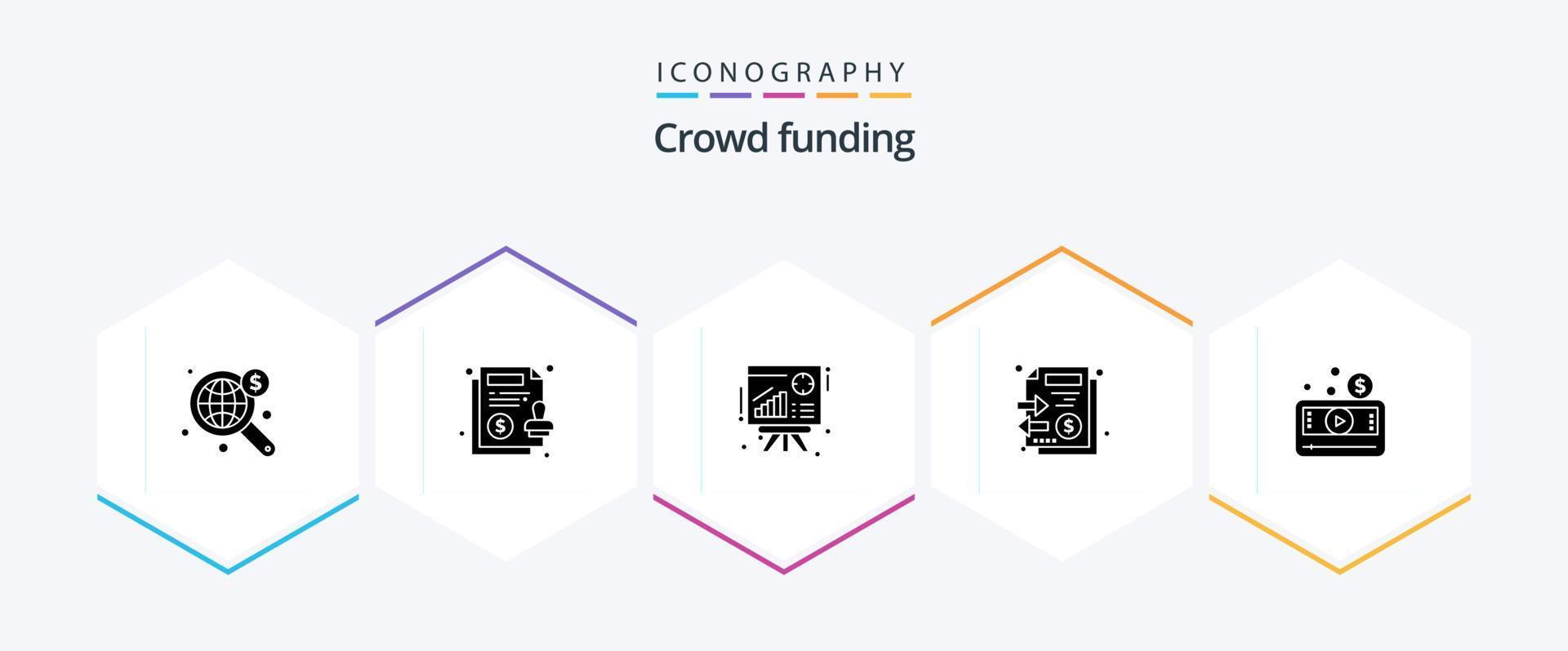 Crowdfunding 25 Glyph icon pack including media. money. graph. stack. documents vector