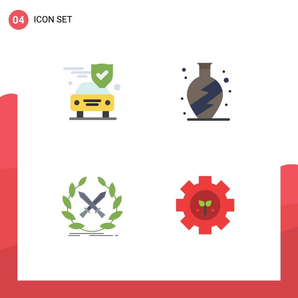 conjunto de 4 paquetes de iconos planos comerciales para elementos de diseño vectorial editables de espadas de jarrón de escudo de juego de coche vector