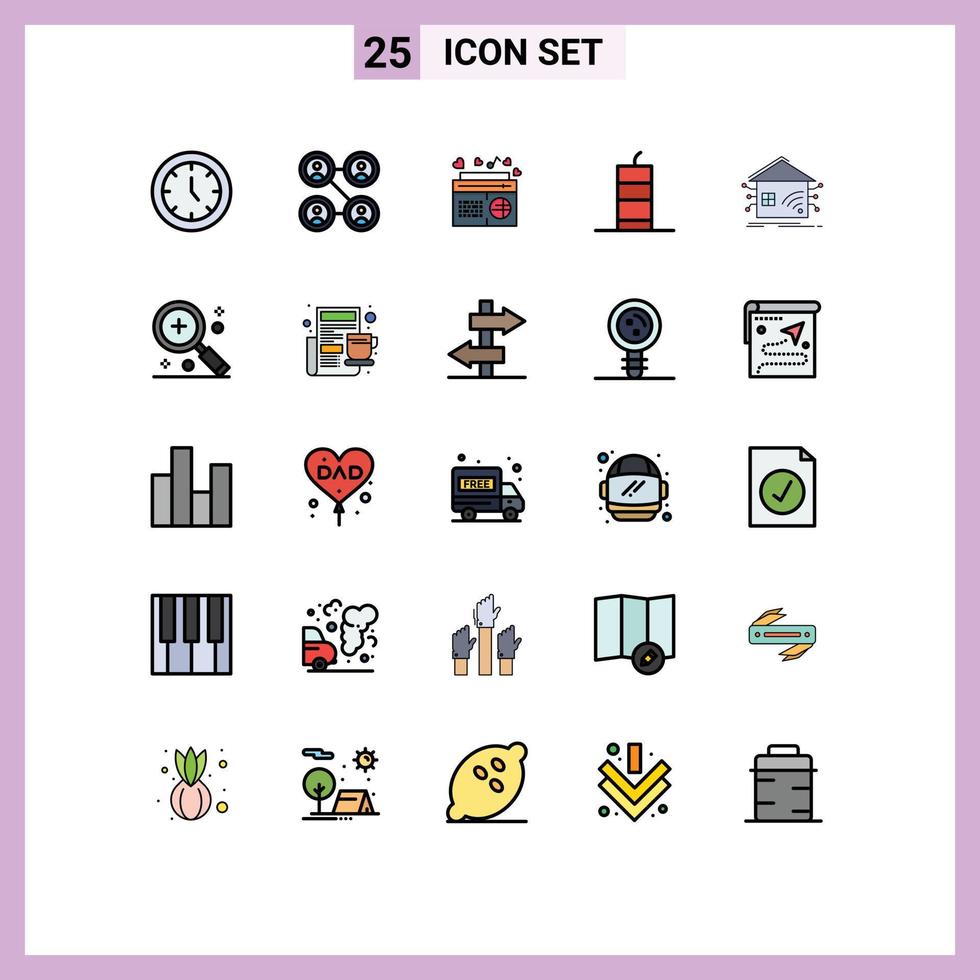 Modern Set of 25 Filled line Flat Colors and symbols such as automation military bomb music dynamite bang Editable Vector Design Elements