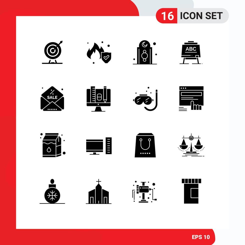 Universal Icon Symbols Group of 16 Modern Solid Glyphs of discount abc decoration teacher mosque Editable Vector Design Elements